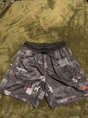 adidas Black & Gray Athletic Mesh Shorts with Red Accents